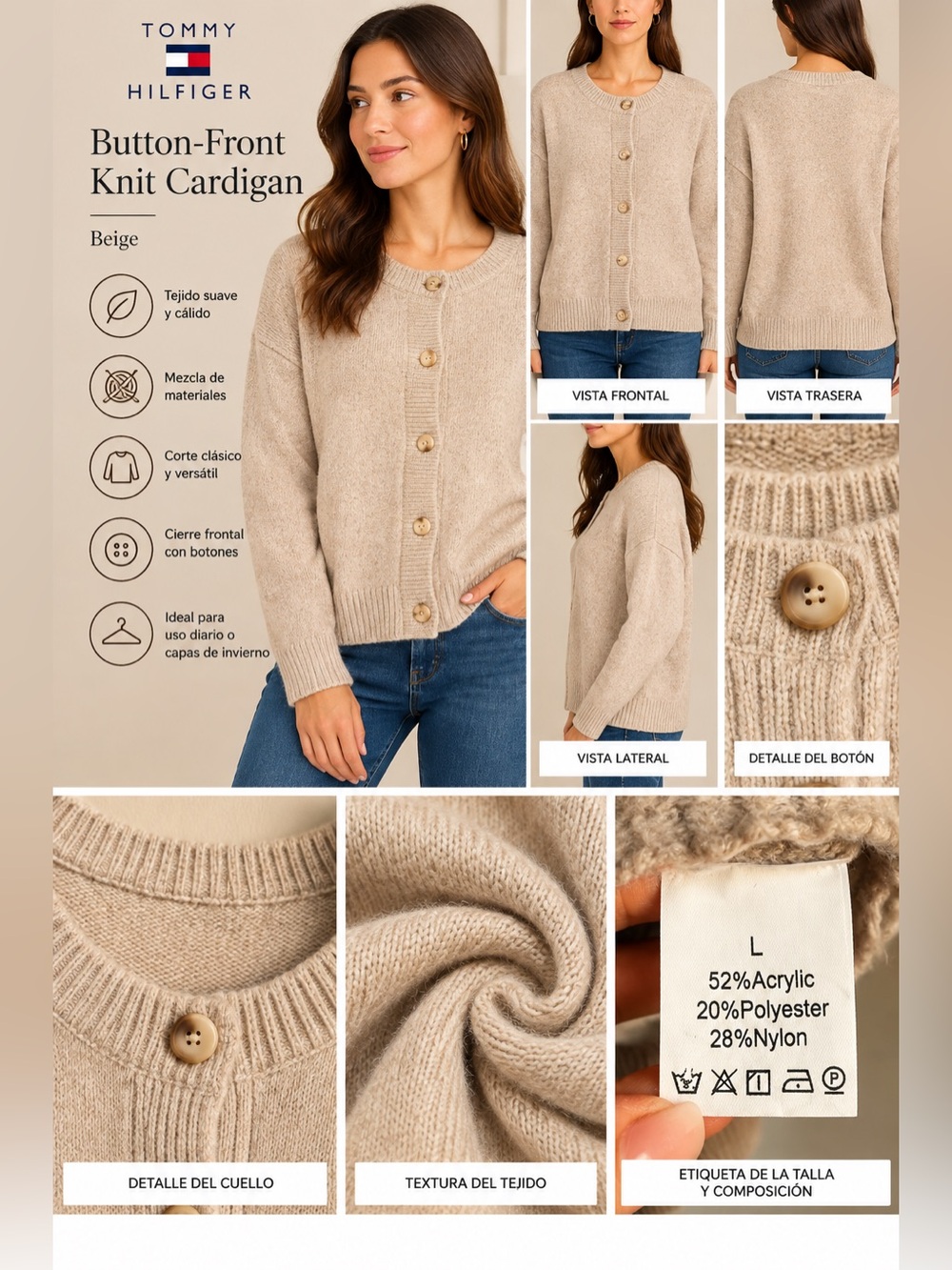 Beige Button-Front Knit Cardigan Sweater